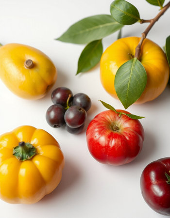 Variety of colorful fruits and vegetables on white background. Top view.の写真素材