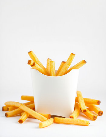 French fries in a white paper cup on a white background. Selective focus.の写真素材
