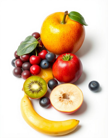 Fruits isolated on a white background. Healthy eating concept. Top view.の写真素材