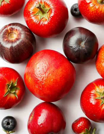 Red apples and berries on white background. Top view. Flat lay.