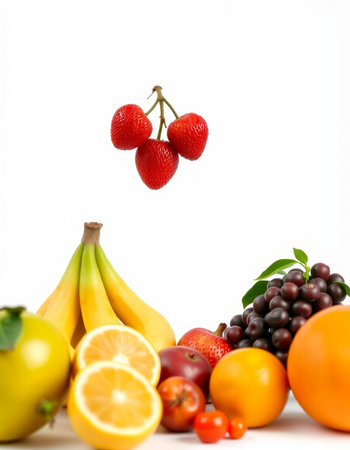 Fruit on white background with space for text. Concept of healthy eating.の写真素材