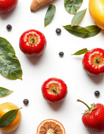 Fruits and berries on a white background. Flat lay, top viewの写真素材