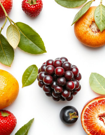 Fruits and berries isolated on white background. Flat lay, top viewの写真素材