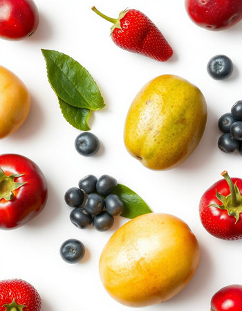 Fruits and berries on white background. Flat lay, top viewの写真素材
