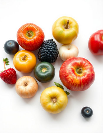 Colorful fruits and vegetables on a white background, close up.の写真素材
