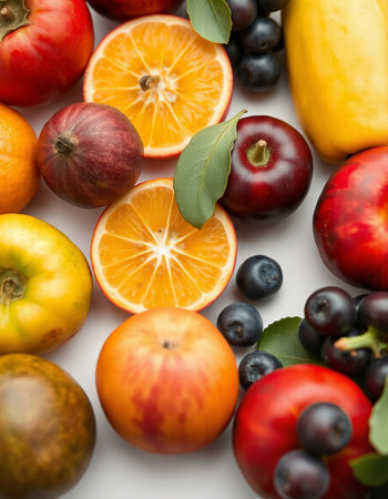 Variety of fruits and vegetables on white background, close-upの写真素材
