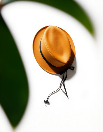 Orange hat with green leaves on a white background, top view.の写真素材