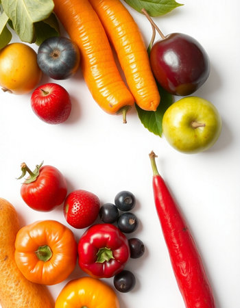 Fresh fruits and vegetables isolated on a white background. Top view.の写真素材