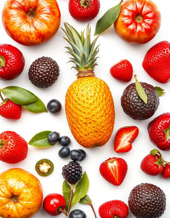 Fruits and berries isolated on a white background. Top view.の写真素材