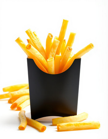 French fries in black box isolated on white background. Close up.の写真素材