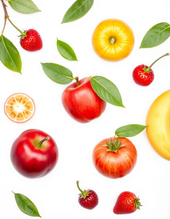 Fruits and vegetables on white background. Top view. Flat lay