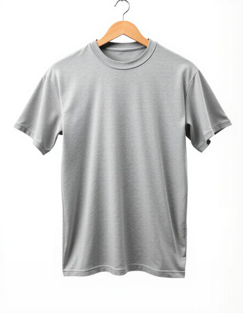 Grey t-shirt on a hanger on a white background.
