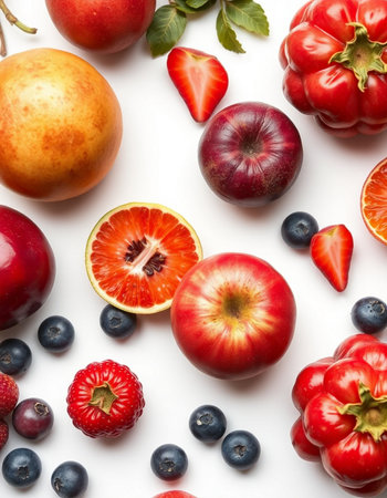 Fruits and berries on white background. Top view, flat lay