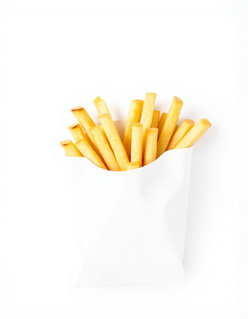 French fries in paper bag isolated on white background. Top view.