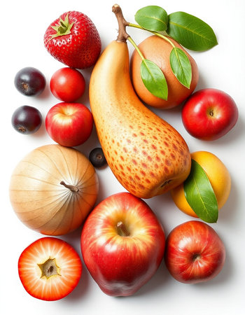 Fruits and vegetables isolated on a white background. Top view.の写真素材