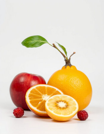 Orange, apple, raspberry on white backgroundの写真素材