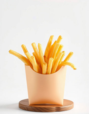 French fries in a paper box on a white background. Fast food.