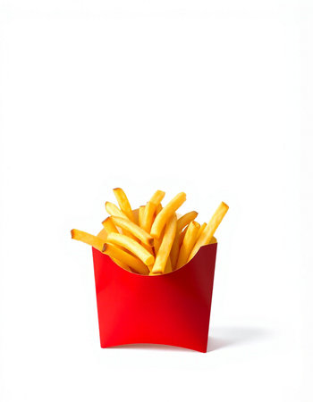 French fries in red box isolated on white background. Fast food.