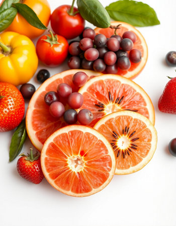 Fresh fruits and vegetables on white background, closeup. Healthy foodの写真素材