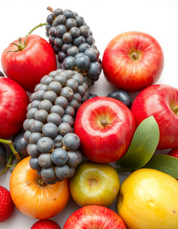 Fresh fruits and vegetables isolated on white background. Healthy food concept.の写真素材
