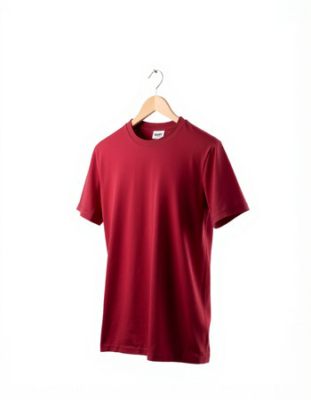 Red t-shirt on a hanger isolated on a white backgroundの写真素材