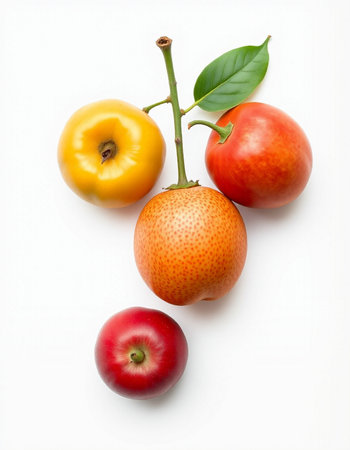 Ripe red and yellow apples with green leaves on white backgroundの写真素材