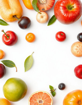 Fruits and vegetables on white background. Flat lay, top viewの写真素材