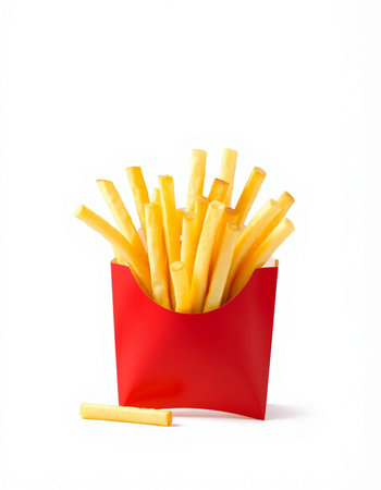 French fries in a red box isolated on white background, clipping path