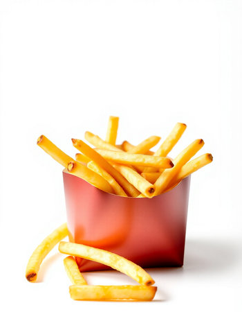 French fries in a red box on a white background. Isolated