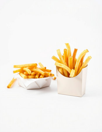 Golden French fries in a paper box on a white wooden background.
