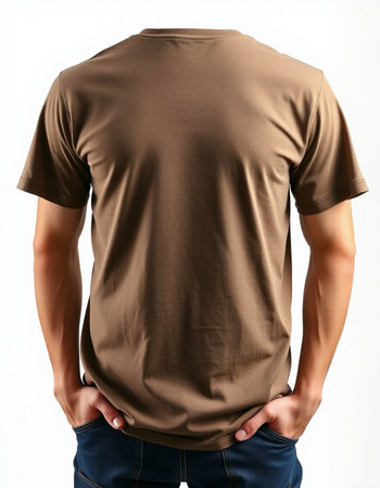Man in brown t-shirt isolated on white background, front viewの写真素材