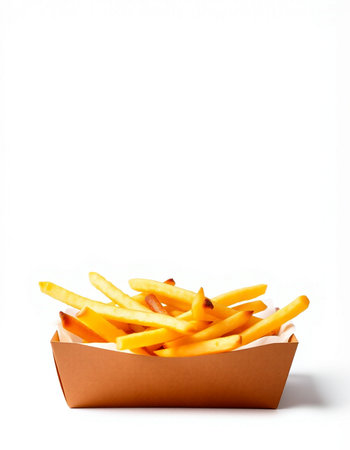 French fries in paper box on white background. Fast food concept.