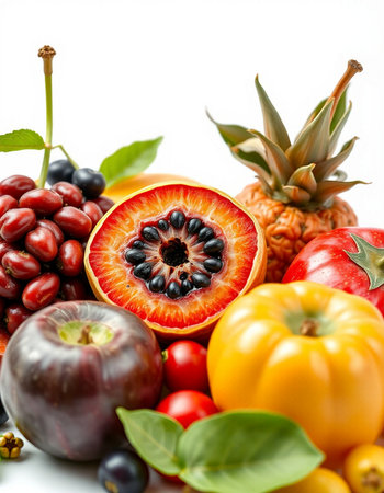 Composition with fresh fruits and vegetables, isolated on a white backgroundの写真素材