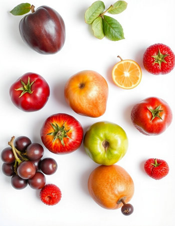 Fruits and vegetables on a white background. Flat lay, top viewの写真素材