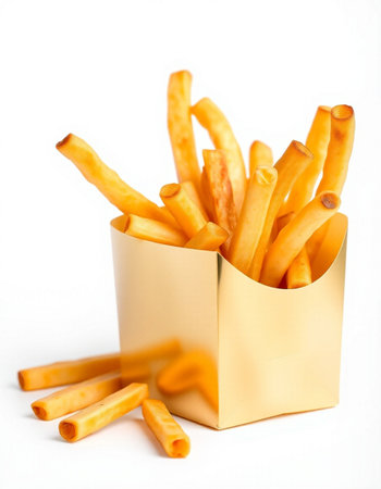 French fries in a golden box on a white background. Selective focus