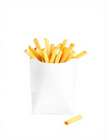 French fries in paper bag isolated on white background. Fast food.