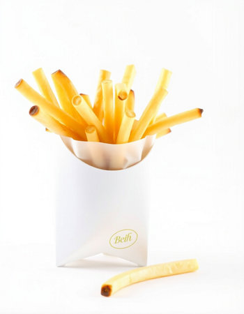 French fries in a paper box on a white background. Fast food.