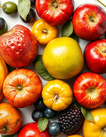 Variety of fresh fruits and berries on white background. Top view.