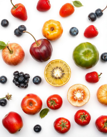Fruits and berries on white background. Flat lay, top viewの写真素材