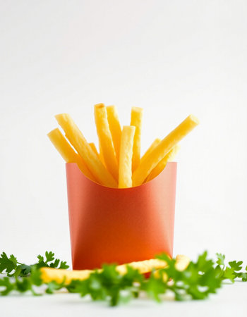 French fries in a red paper box with parsley on a white backgroundの写真素材
