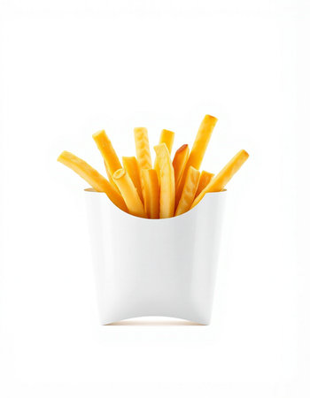 French fries in a paper box isolated on white background. Fast food.
