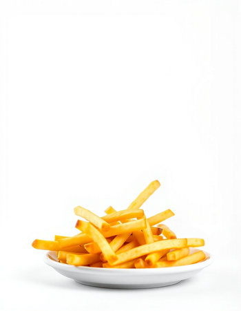 Golden French fries potatoes on a white plate isolated on a white backgroundの写真素材