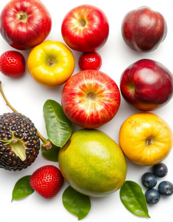 Fruits on a white background. Flat lay, top view.の写真素材