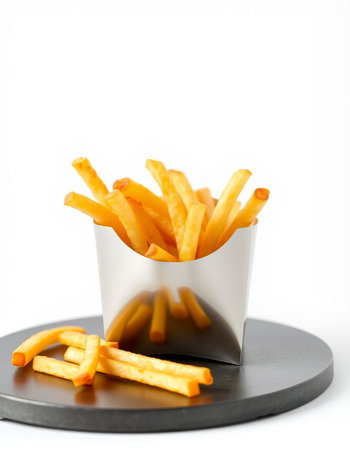 French fries in a paper box on a white background. Selective focus.