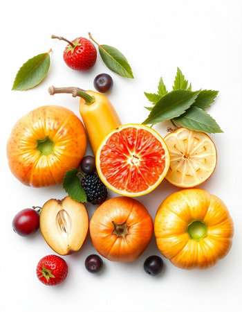 Fruits on a white background. Top view. Flat lay.の写真素材