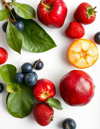 Fruits and berries on a white background. Flat lay, top viewの写真素材