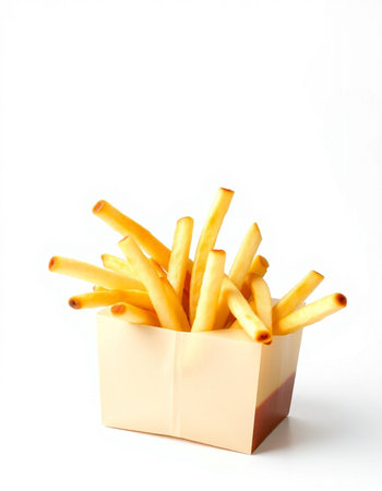 French fries in paper box isolated on white background. Selective focus.の写真素材