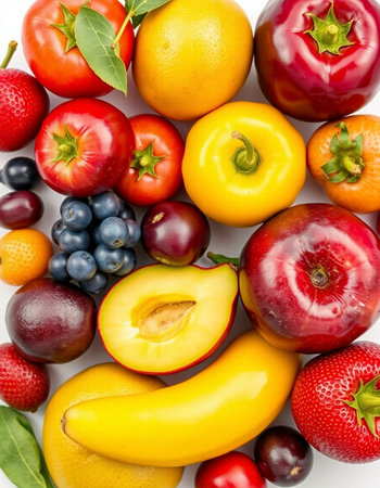 Fruits and vegetables isolated on white background. Top view. Flat lay.