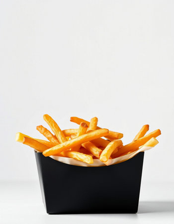 French fries in a black box on a white background. Fast food.の写真素材