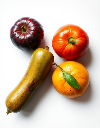 Fruits and vegetables on a white background. View from above.の写真素材